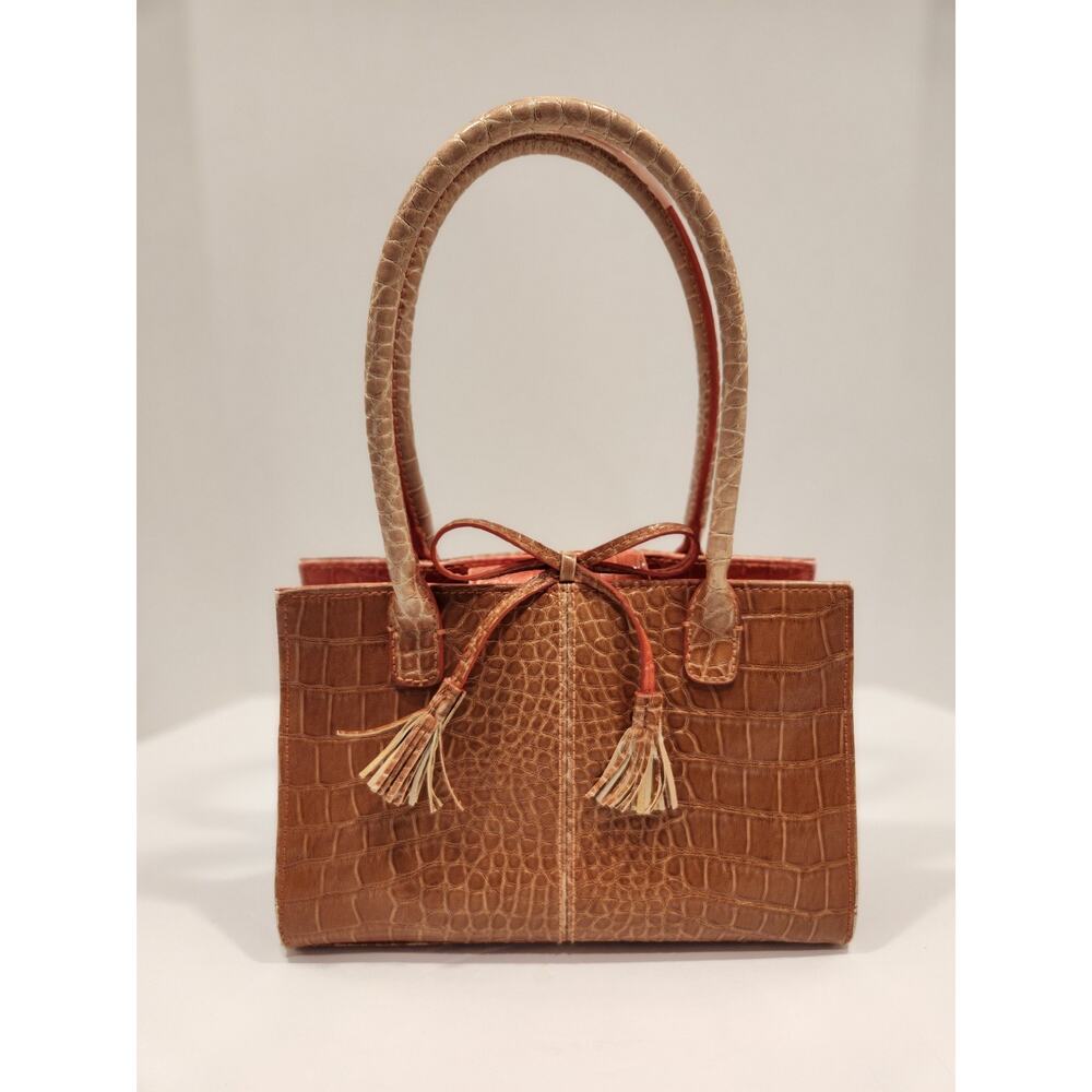 Liz Claiborne Vintage Y2K Croc Embossed Handbag Brown Tan Bow Tassel Tote